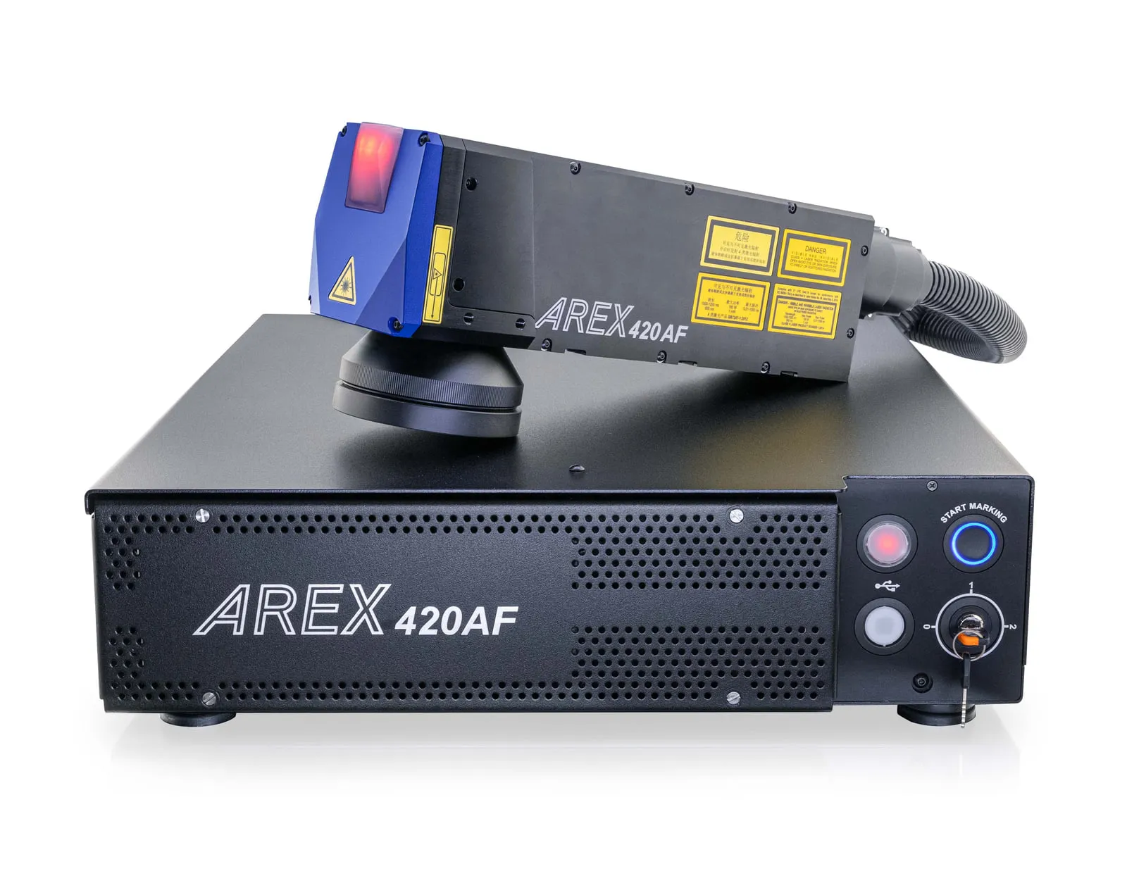 Datalogic AREX400 AF fiber lazer markalama sistemi: tarama ünitesi ve 19 inç kontrol rafı