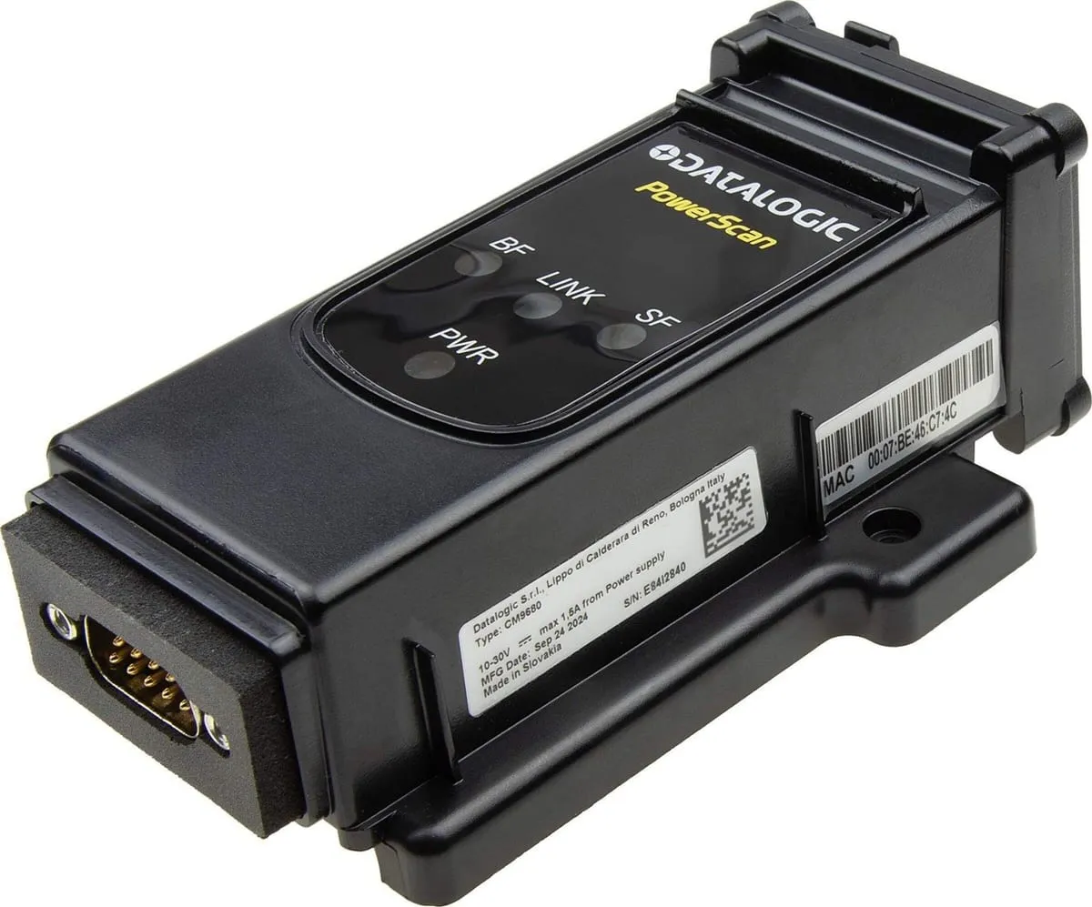 Datalogic CM9680 Ethernet/PROFINET bağlantı modülü, durum LED'leri ve ürün etiketiyle