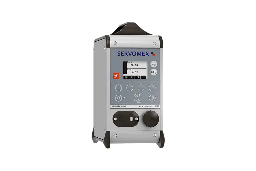 Servomex MiniMP 5200 soldan açılı görünüm, taşıma kolu ve numune bağlantıları