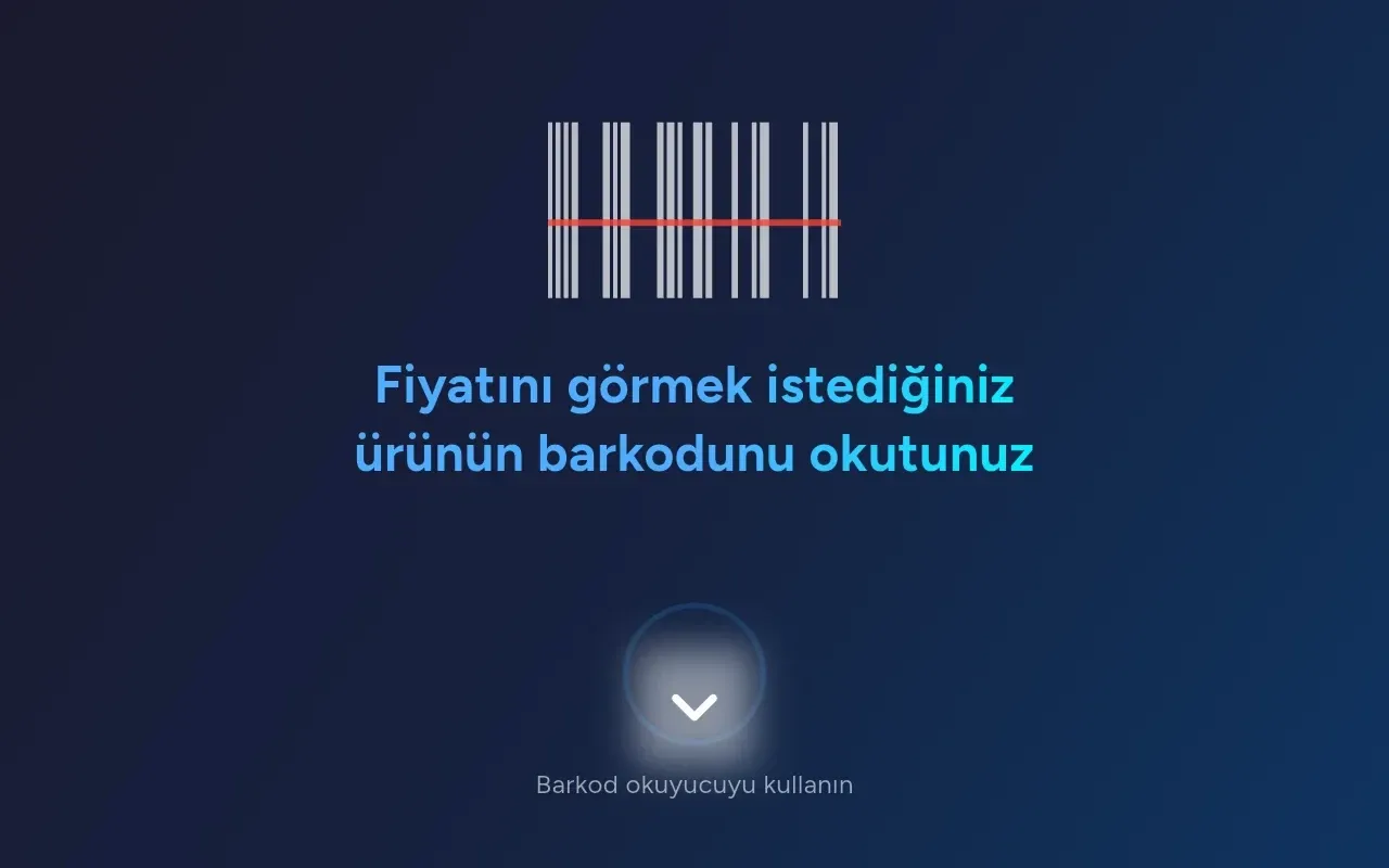 Fiosk Fiyat Gör uygulamasının müşteriyi barkod okutmaya yönlendiren bekleme ekranı