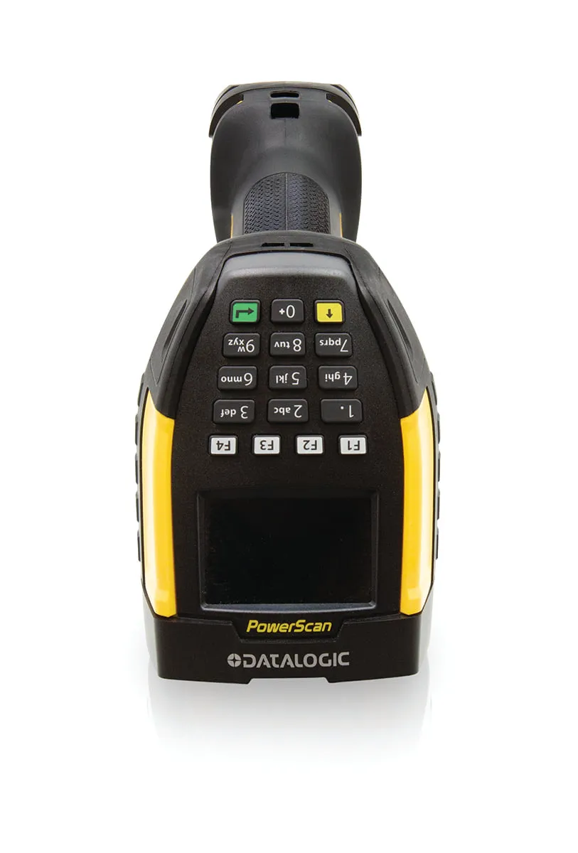 Datalogic PowerScan 9600'ün on altı tuşlu ekranlı modeli, önden görünüm