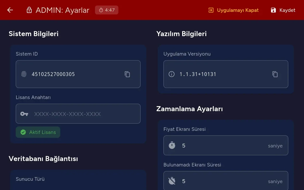 Fiosk Fiyat Gör uygulamasının cihaz üzerindeki yerel ayarlar ekranı