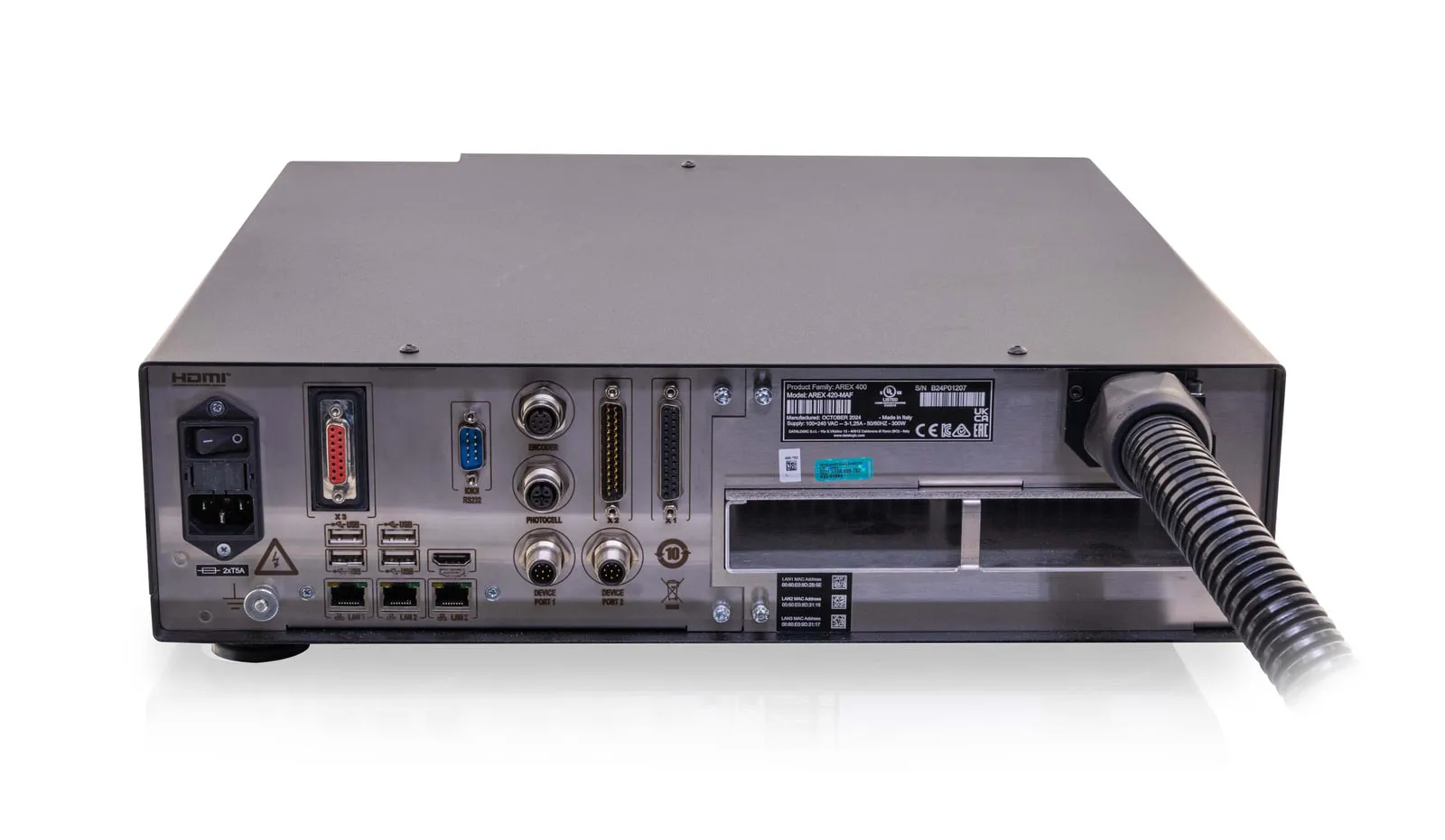 Datalogic AREX400 AF kontrol rafının arka bağlantı paneli