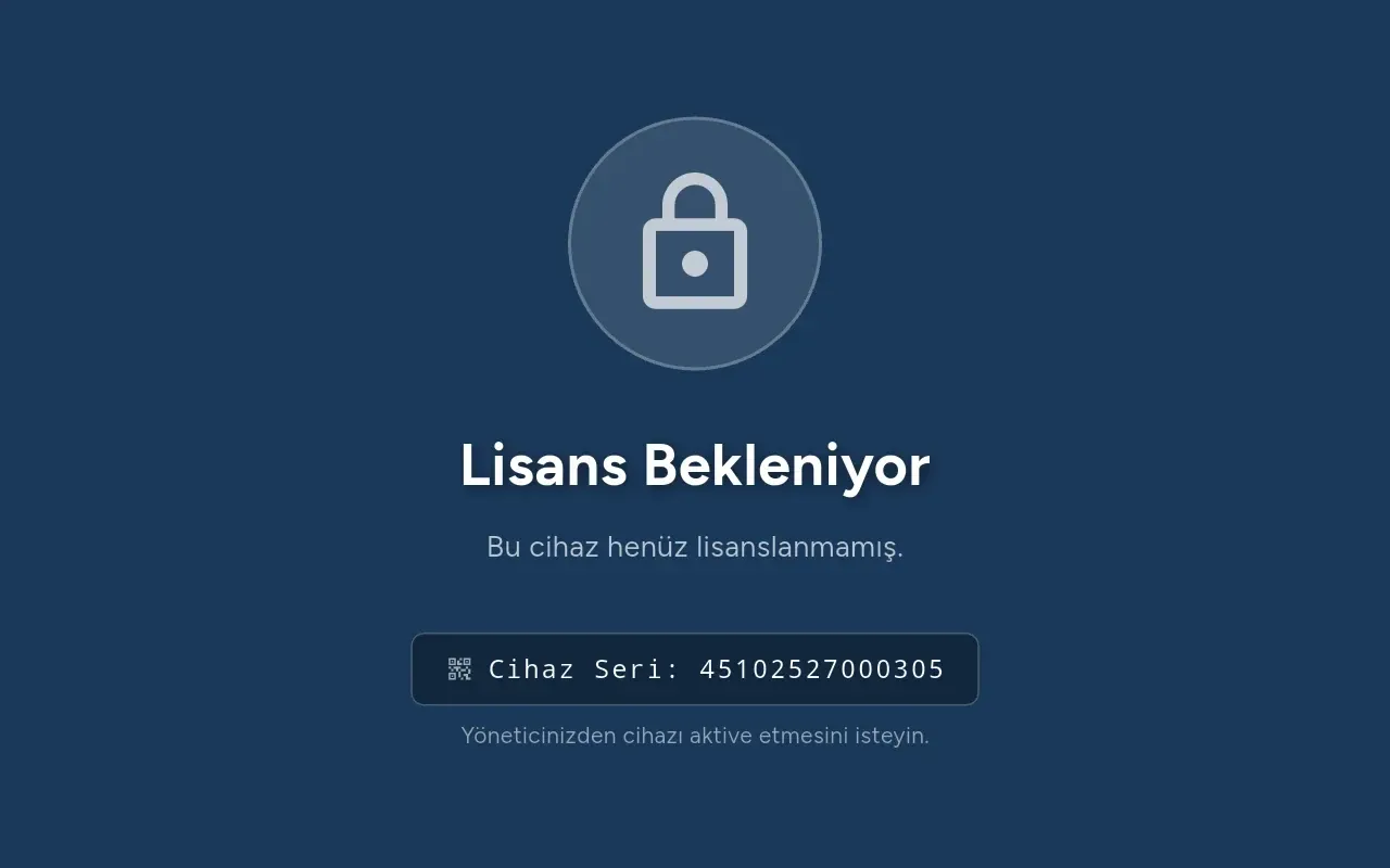 Cihaz seri numarasının ve lisans anahtarının görüntülendiği lisans ekranı