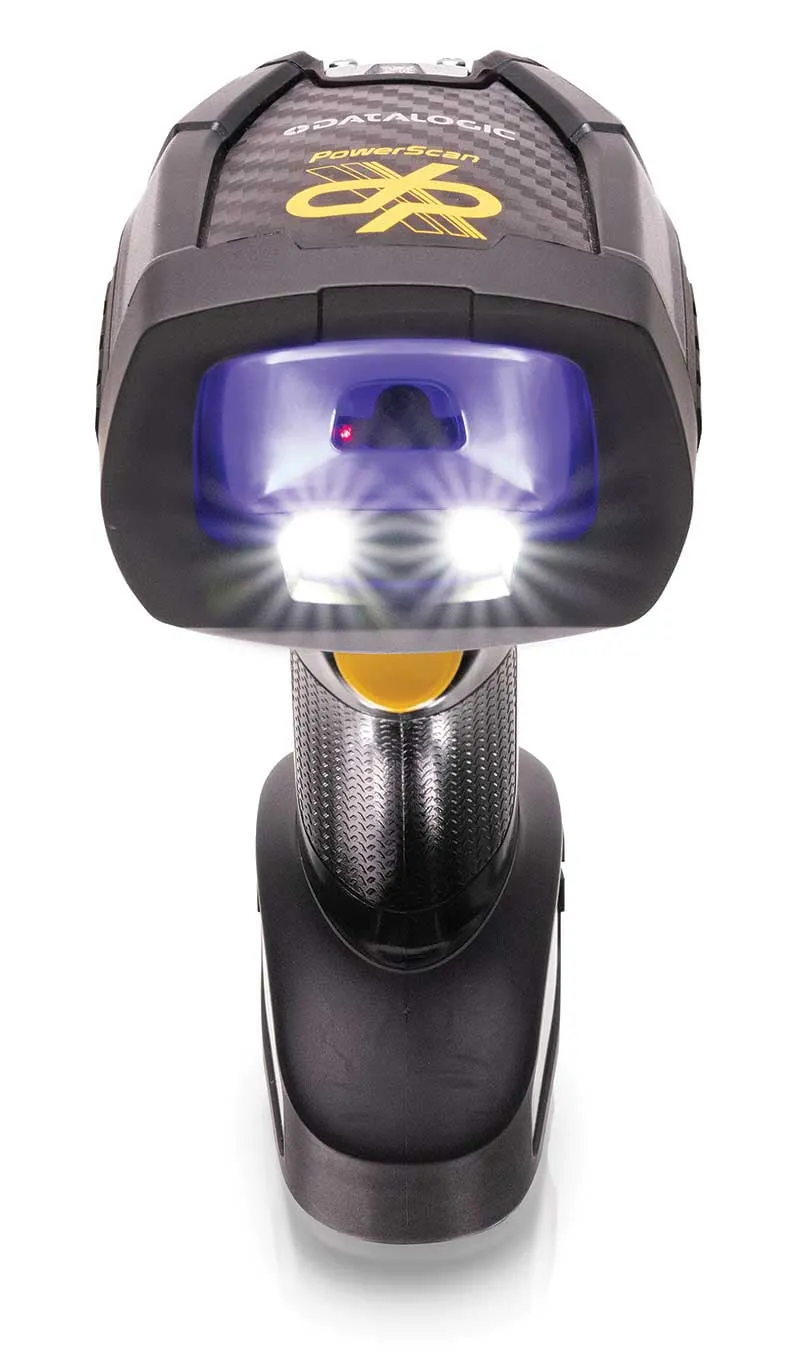 Datalogic PowerScan 9600 DPX modeli, mavi aydınlatma açıkken önden görünüm