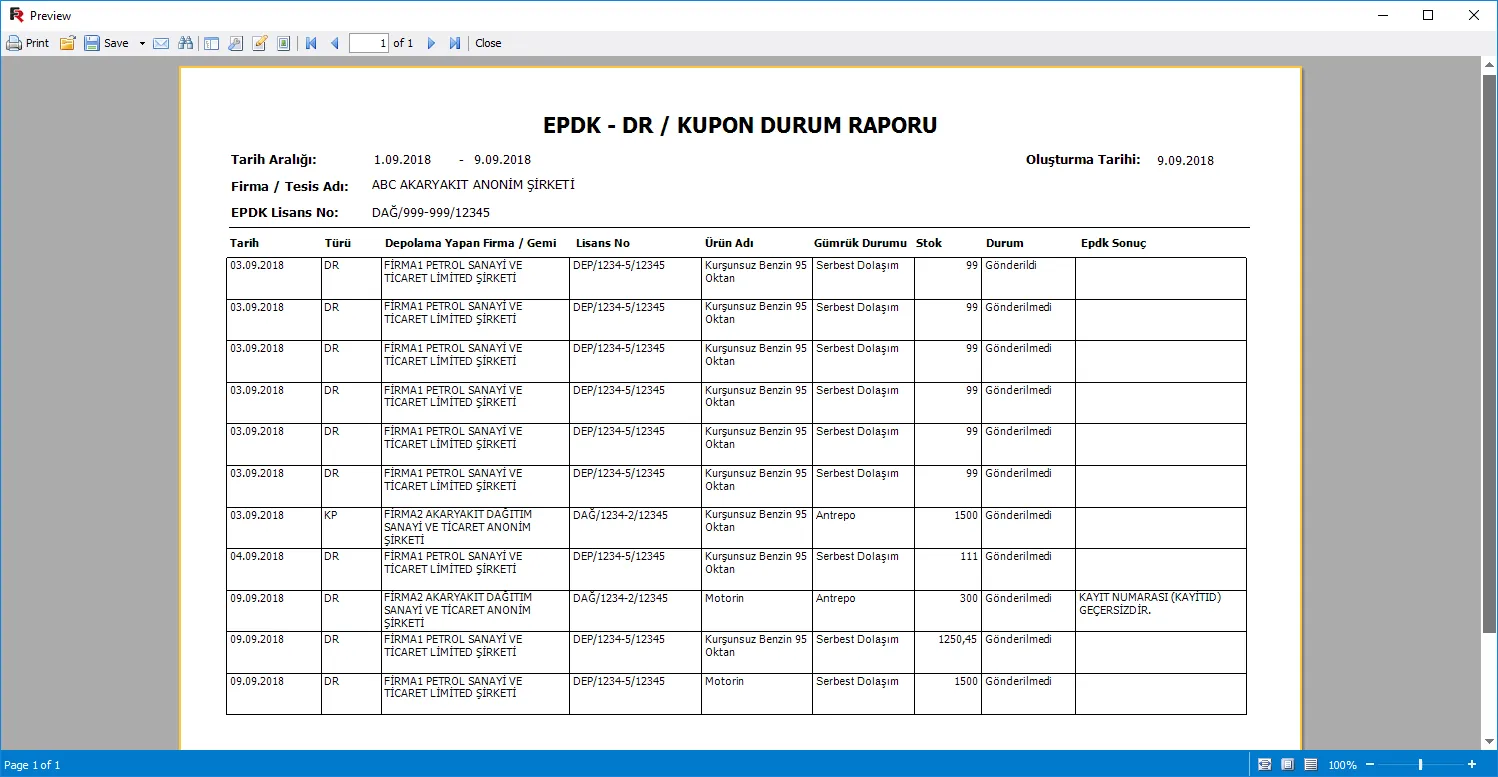 EPDK DR / kupon durum raporunun yazdırma önizlemesi; tarih aralığı, firma adı ve EPDK lisans numarası başlıkta