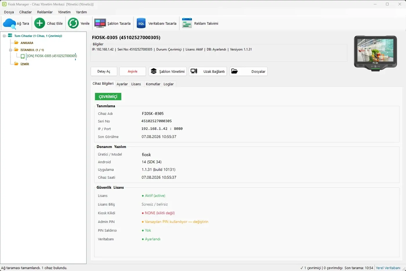 Fiosk Manager cihaz yönetimi ekranı, ağdaki cihazların ağaç görünümü ve durum bilgileri