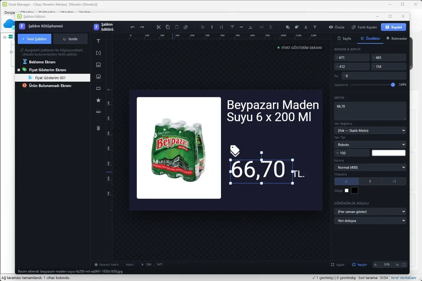 Fiosk Manager şablon editöründe fiyat ekranının sürükle-bırak tasarlanması