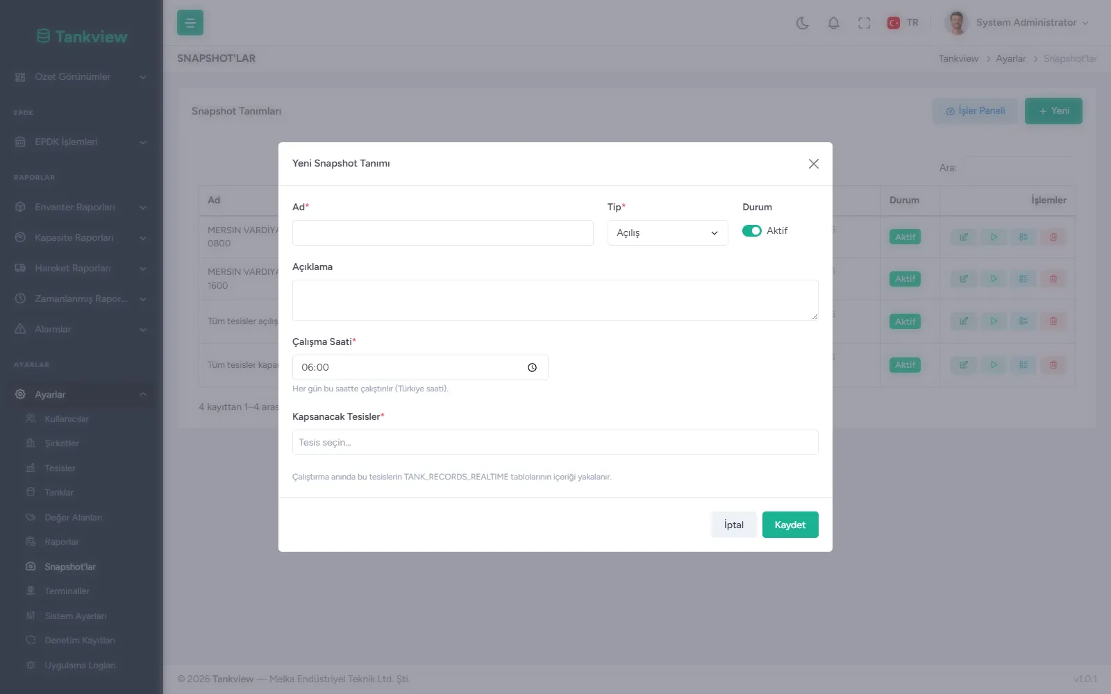 Yeni snapshot tanımı penceresi: hangi tesislerde, hangi tipte ve hangi saatte otomatik kayıt alınacağının belirlenmesi